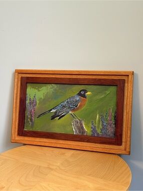 Robin Bird Hand Painted Vintage Double Wood Framed Wall Hanging Art Decor
